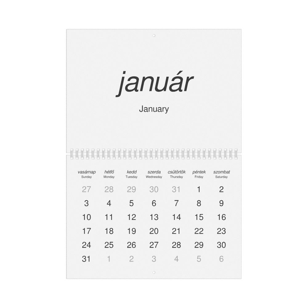 Leskoff 2027 Wall Calendar, Hungarian/English-Labeled, Sunday-Start Layout, Wire-Bound, 11.7 x 8.3 in (29.7 x 21.0 cm), image 1 of 1