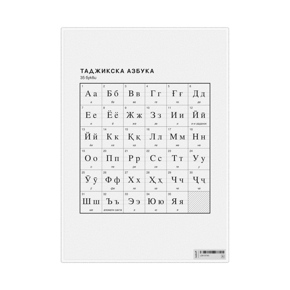 Leskoff Tajik Alphabet Chart, 8.3 x 11.7 in (21.0 x 29.7 cm, Desk Chart, Laminated), Bulgarian-Labeled, image 1 of 2