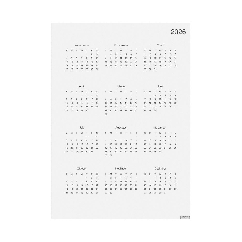 Leskoff 2026 Wall Calendar, West Frisian-Labeled, Sunday-Start Layout, Poster / Wall Print, 23.4 x 33.1 in (59.4 x 84.1 cm), image 1 of 1