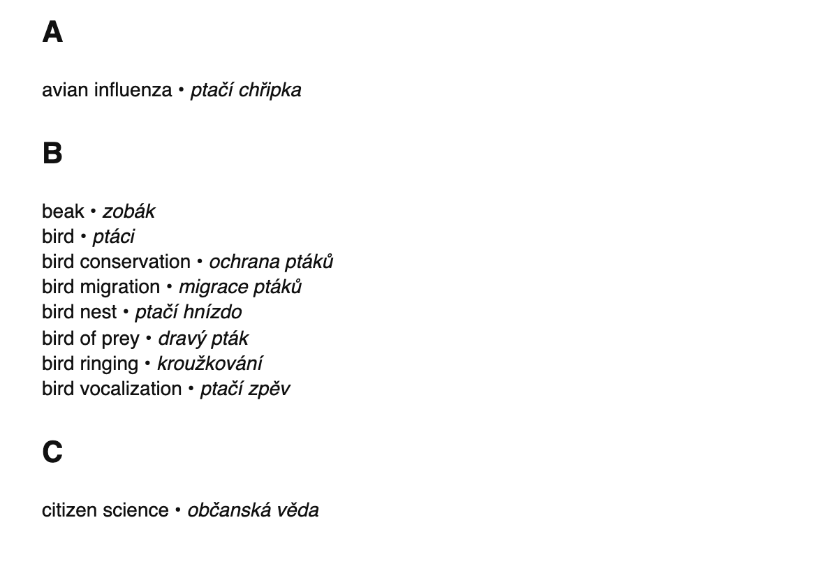 Ornithology terms in Czech
