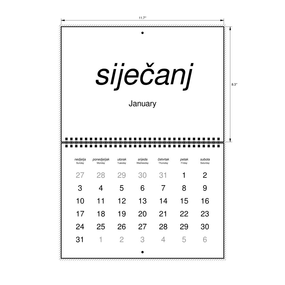 Leskoff 2027 Wall Calendar, Croatian/English-Labeled, Sunday-Start Layout, Wire-Bound, 11.7 x 8.3 in (29.7 x 21.0 cm), image 2 of 2