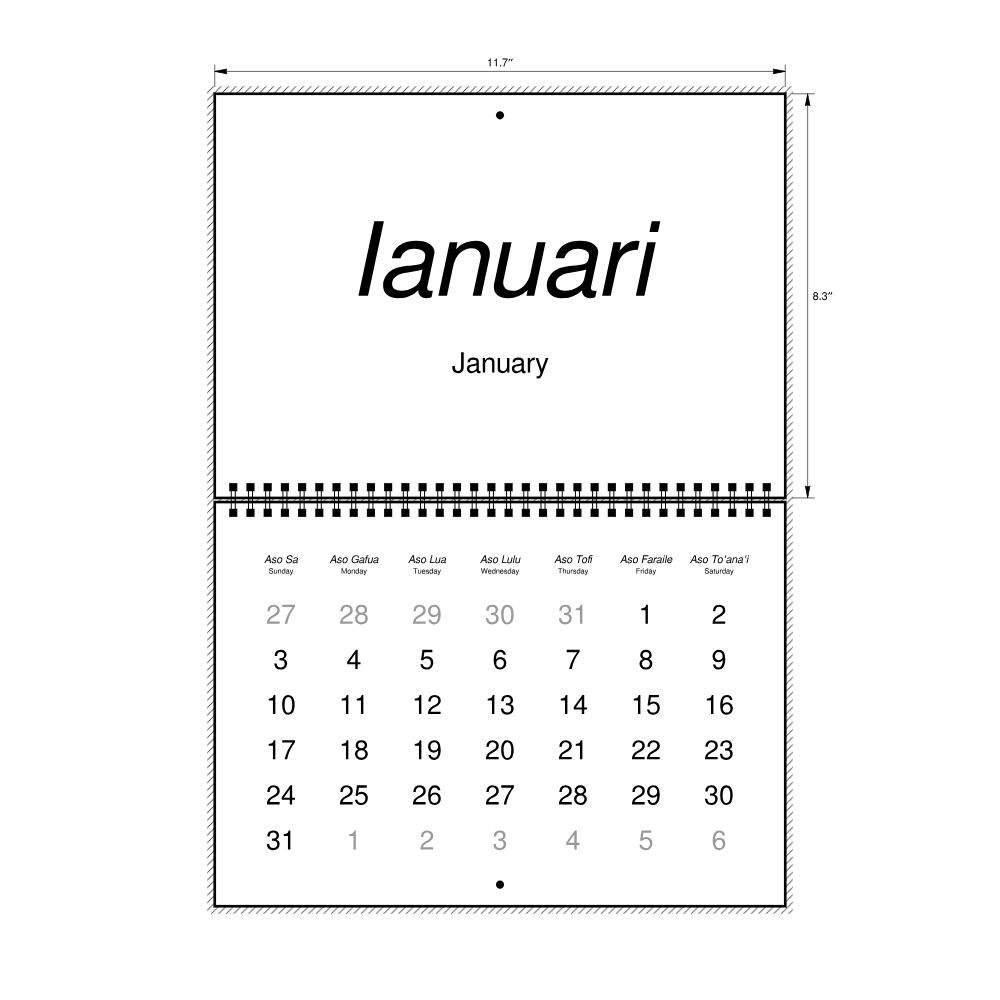 Leskoff 2027 Wall Calendar, Samoan/English-Labeled, Sunday-Start Layout, Wire-Bound, 11.7 x 8.3 in (29.7 x 21.0 cm), image 2 of 2