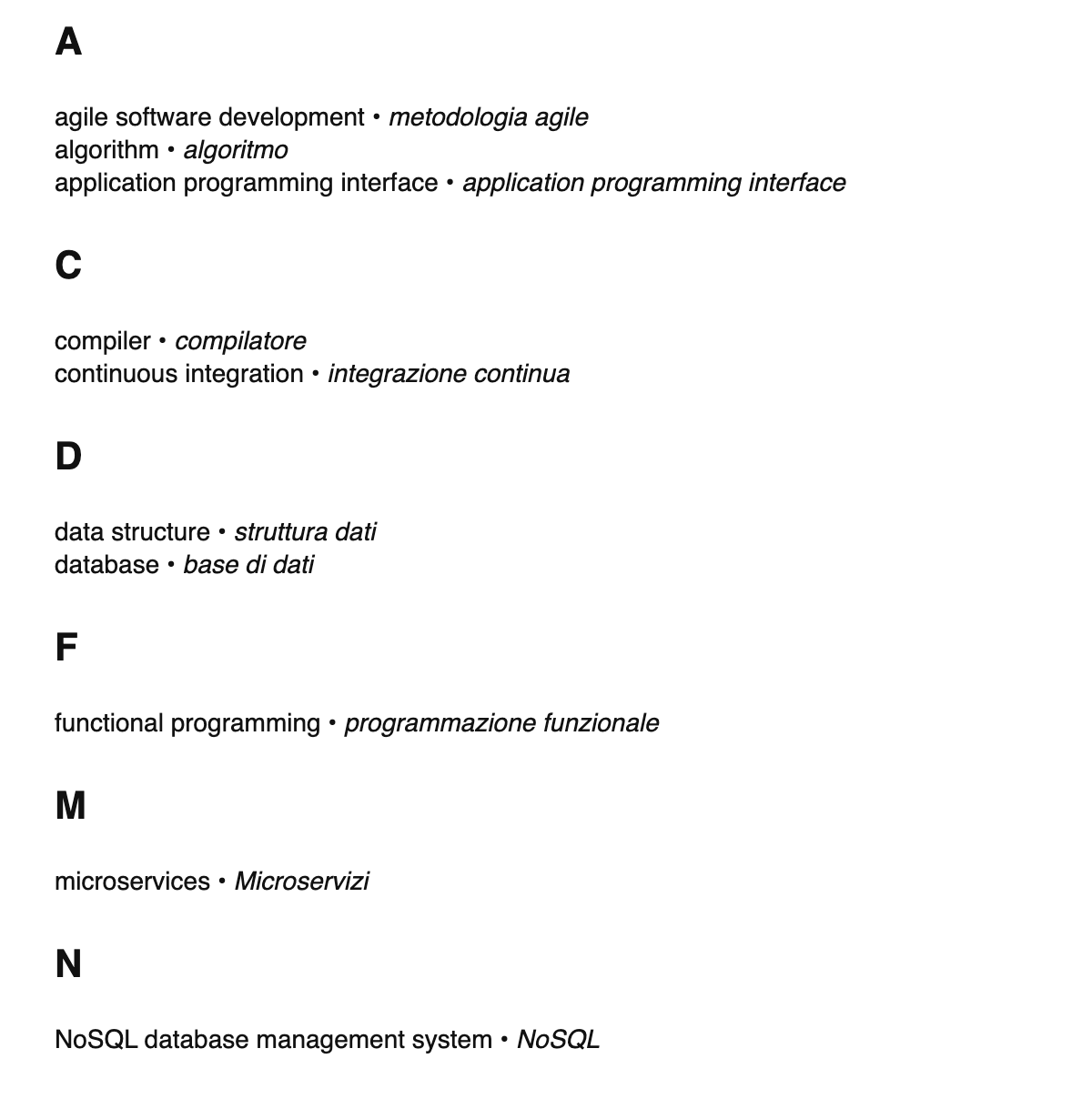Software engineering terms in Italian