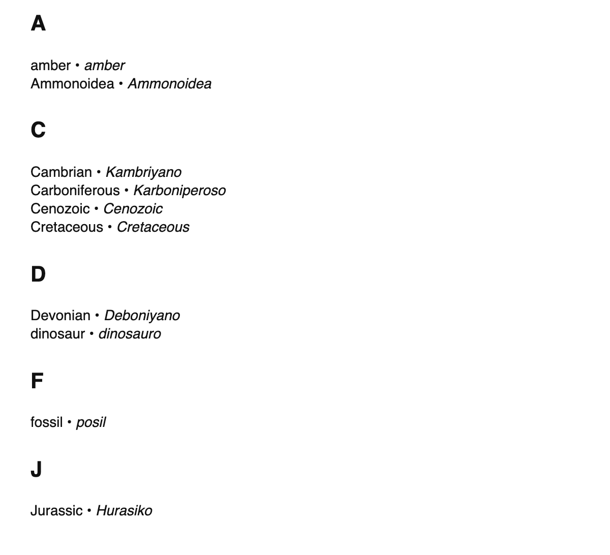 Paleontology terms in Tagalog