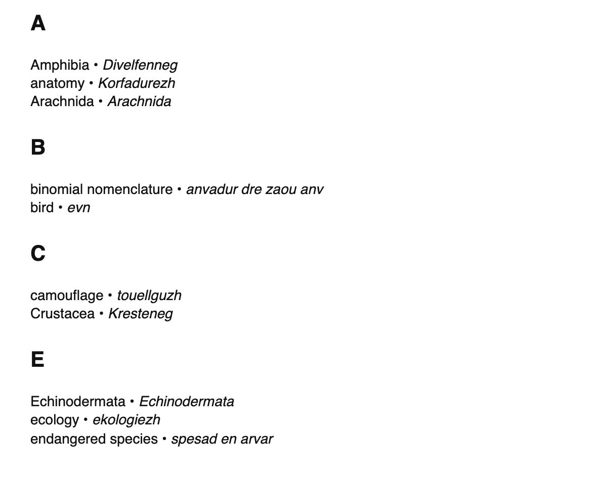 Zoology terms in Breton
