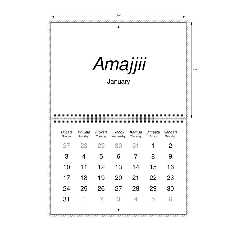 Leskoff 2027 Wall Calendar, Oromo/English-Labeled, Sunday-Start Layout, Wire-Bound, 11.7 x 8.3 in (29.7 x 21.0 cm), image 2 of 2