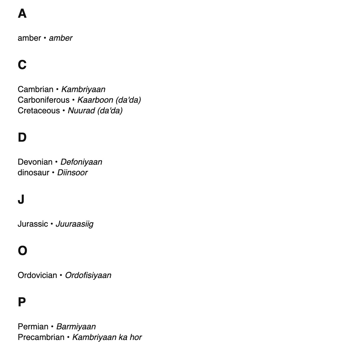 Paleontology terms in Somali