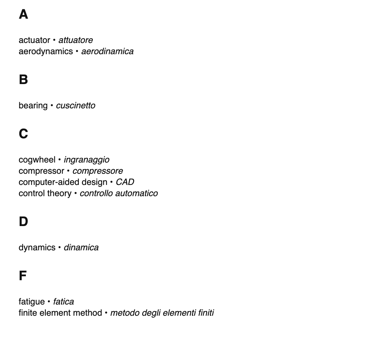 Mechanical engineering terms in Italian