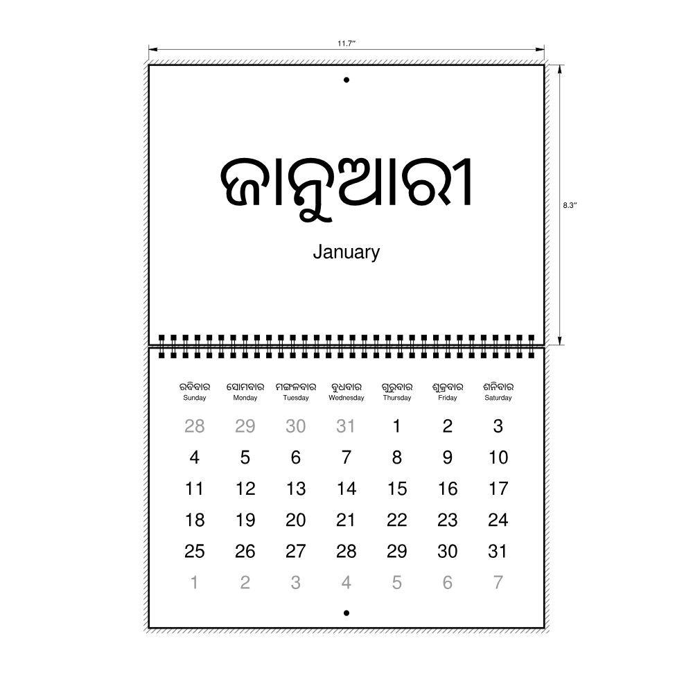 Leskoff 2026 Wall Calendar, Odia/English-Labeled, Sunday-Start Layout, Wire-Bound, 11.7 x 8.3 in (29.7 x 21.0 cm), image 2 of 2