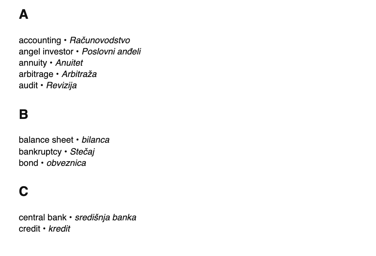 Finance terms in Croatian