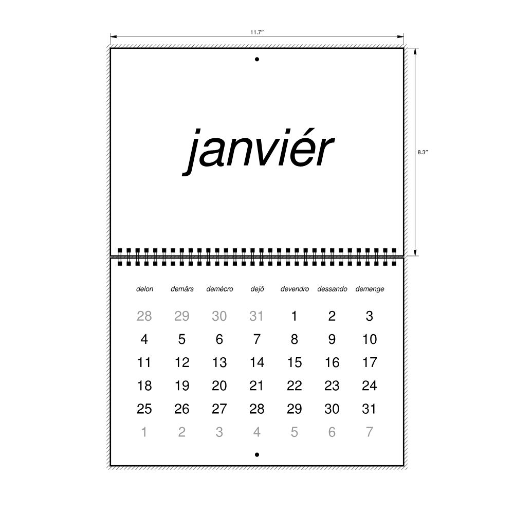 Leskoff 2027 Wall Calendar, Franco-Provençal-Labeled, Monday-Start Layout, Wire-Bound, 11.7 x 8.3 in (29.7 x 21.0 cm), image 2 of 2
