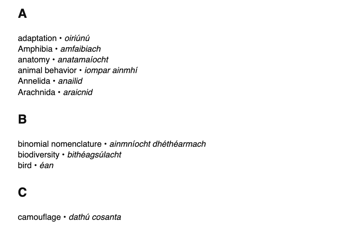 Zoology terms in Irish