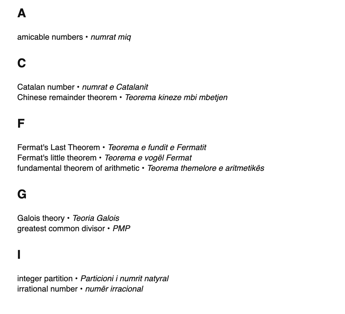 Number theory terms in Albanian