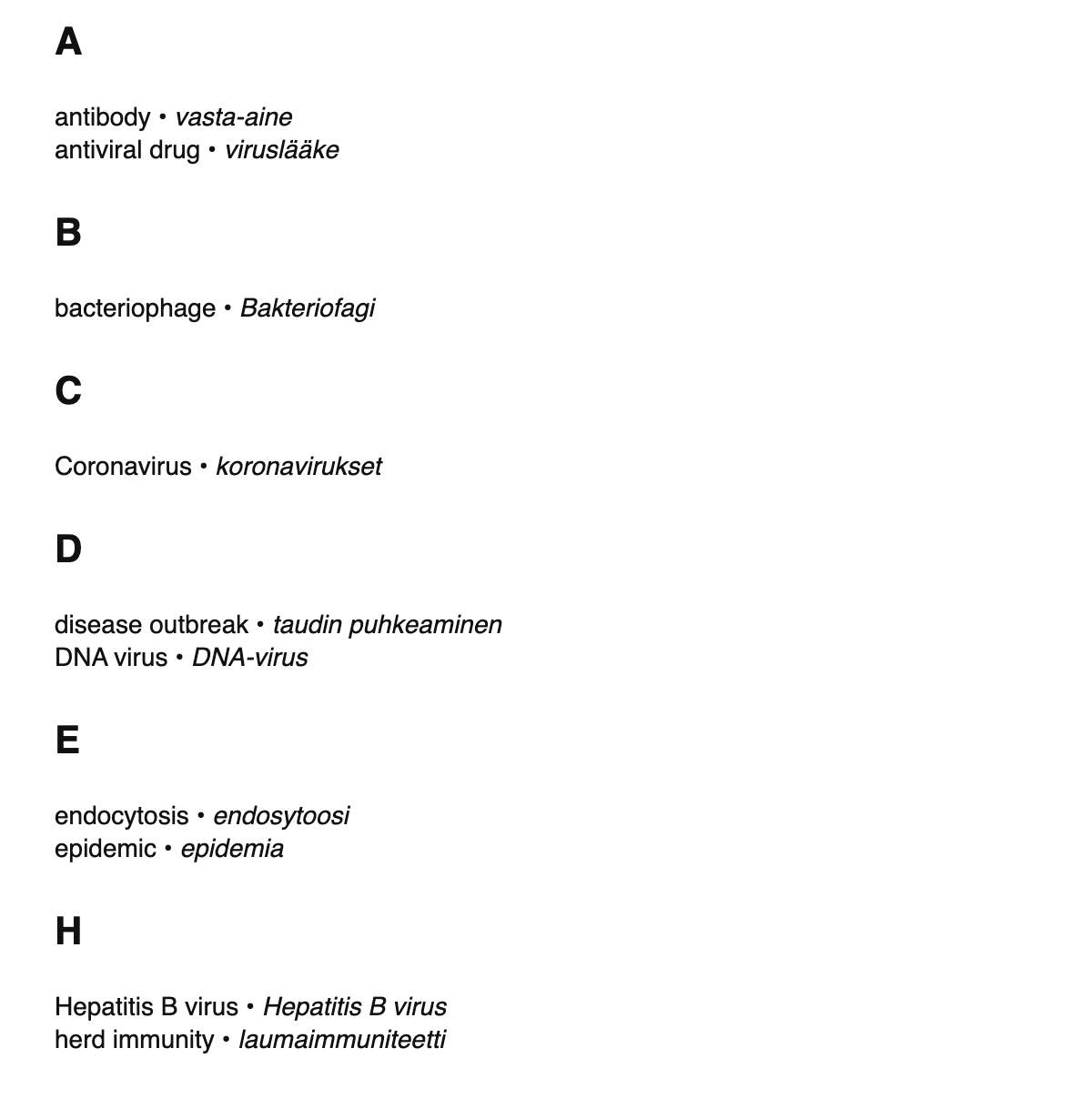 Virology terms in Finnish
