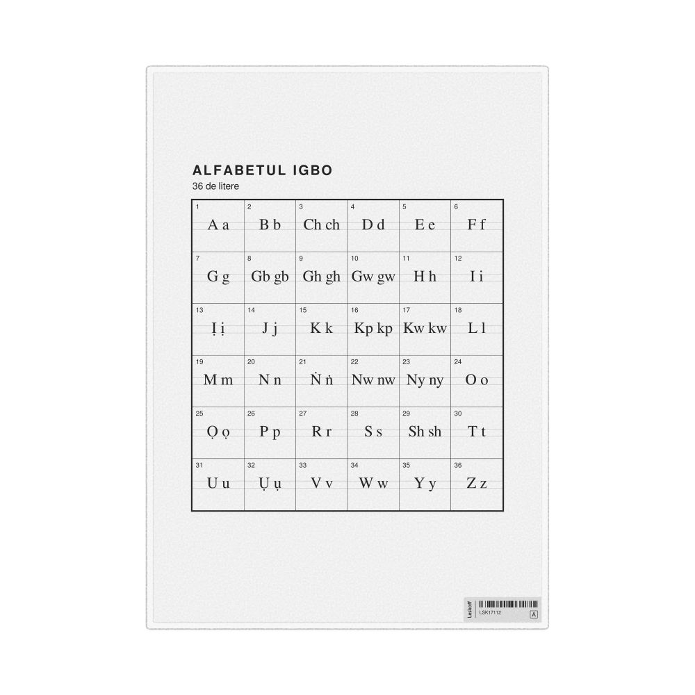 Leskoff Igbo Alphabet Chart, 8.3 x 11.7 in (21.0 x 29.7 cm, Desk Chart, Laminated), Romanian-Labeled, image 1 of 2