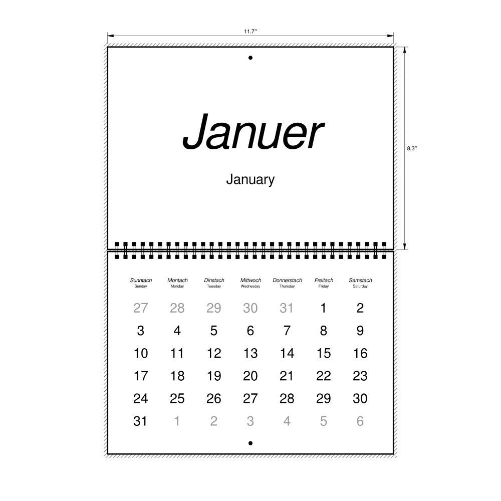 Leskoff 2027 Wall Calendar, Hunsrik/English-Labeled, Sunday-Start Layout, Wire-Bound, 11.7 x 8.3 in (29.7 x 21.0 cm), image 2 of 2