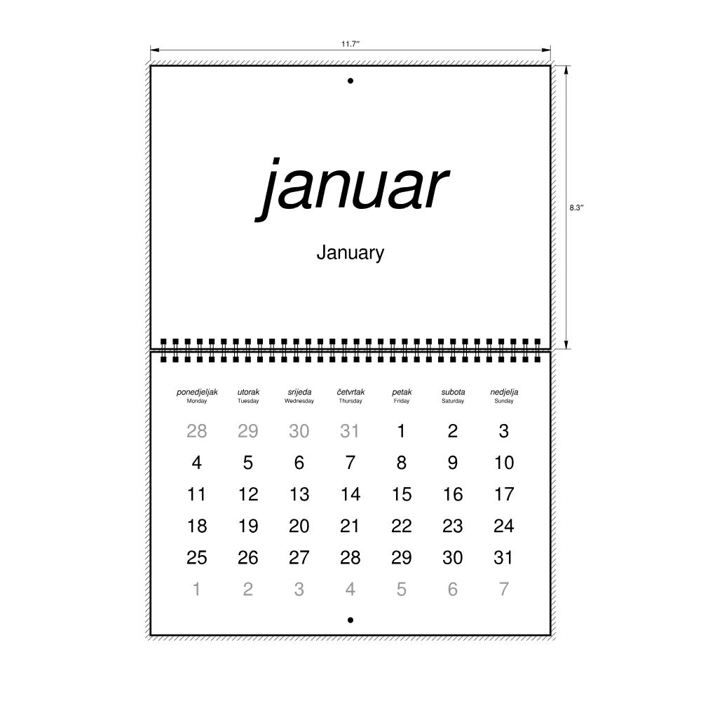 Leskoff 2027 Wall Calendar, Montenegrin/English-Labeled, Monday-Start Layout, Wire-Bound, 11.7 x 8.3 in (29.7 x 21.0 cm), image 2 of 2