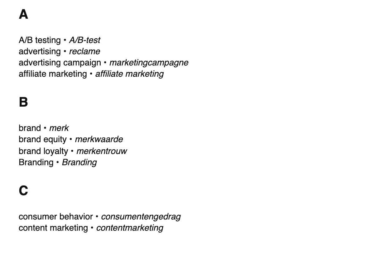Marketing terms in Dutch