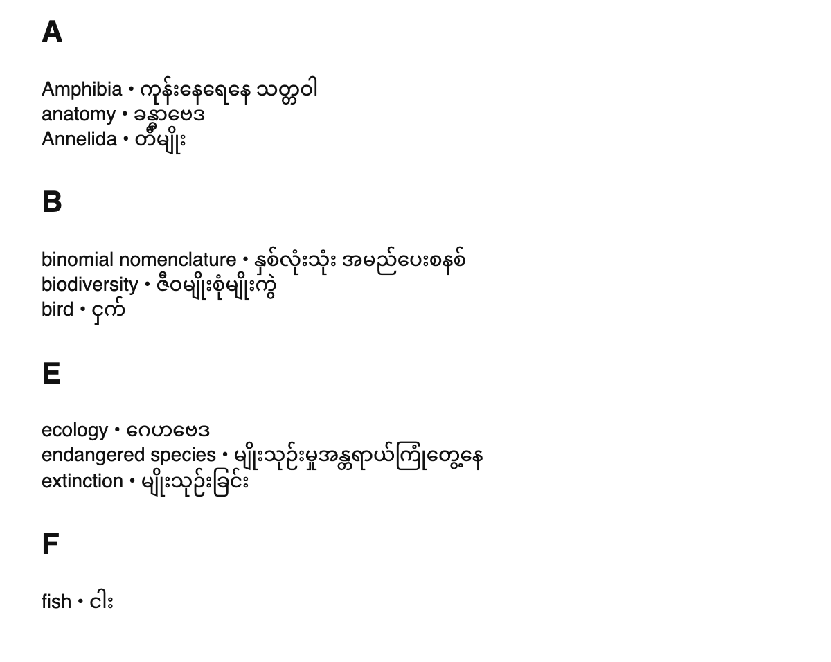 Zoology terms in Burmese