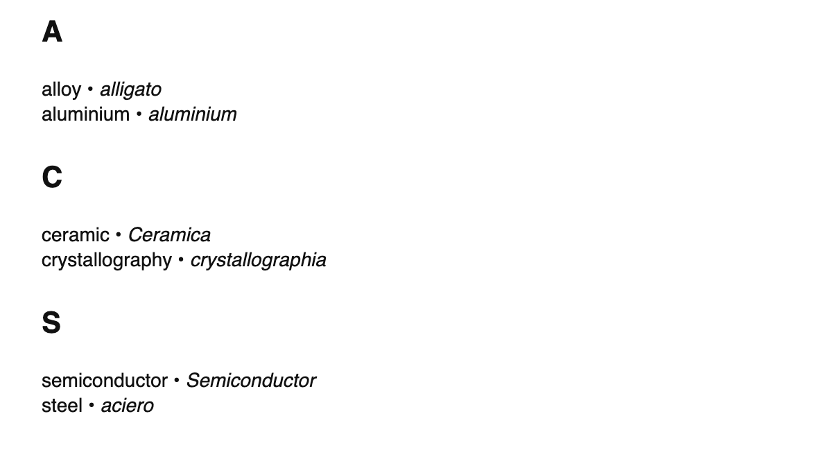 Materials science terms in Interlingua