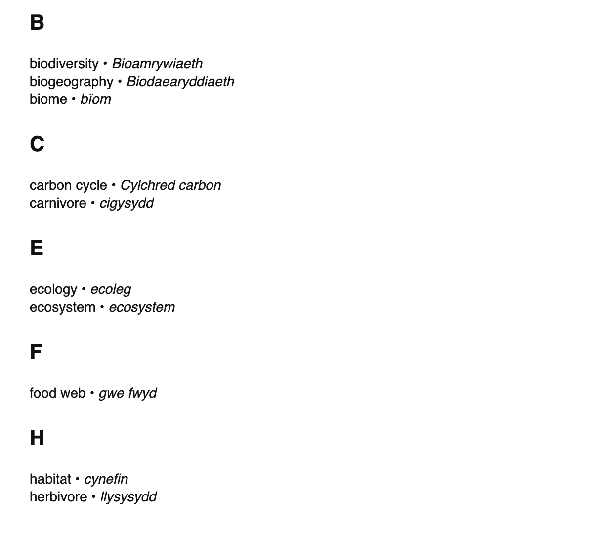 Ecology terms in Welsh