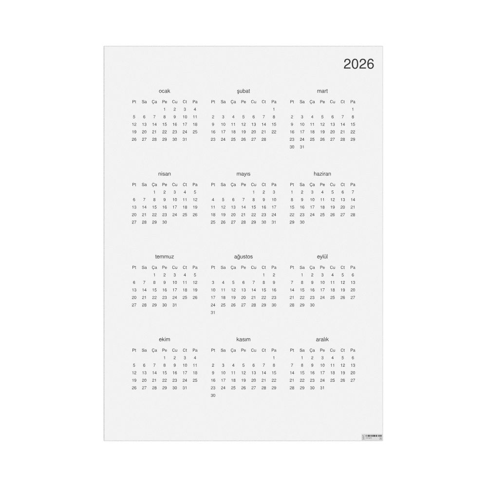 Leskoff 2026 Wall Calendar, Turkish-Labeled, Monday-Start Layout, Poster / Wall Print, 23.4 x 33.1 in (59.4 x 84.1 cm), image 1 of 1