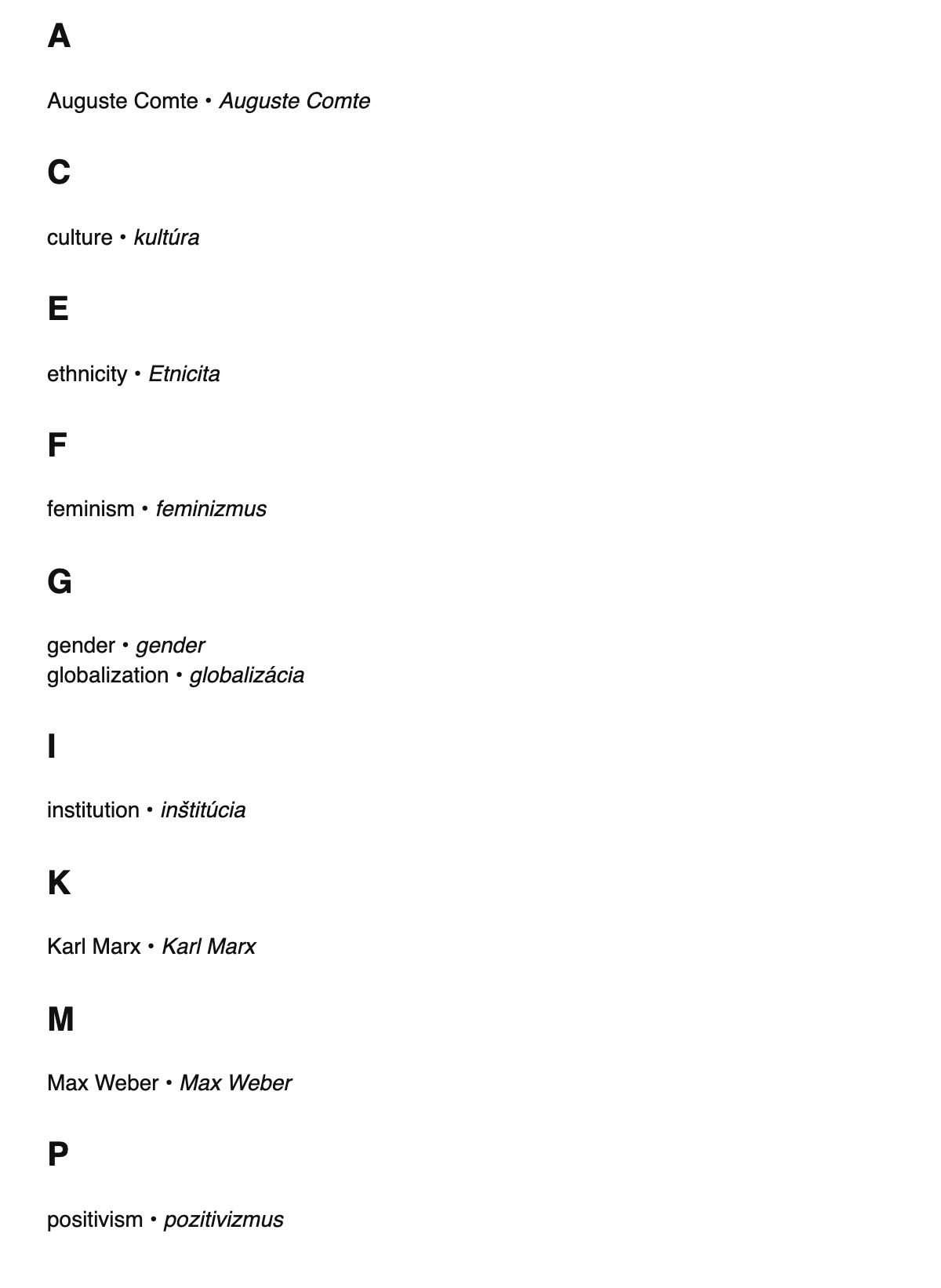 Sociology terms in Slovak