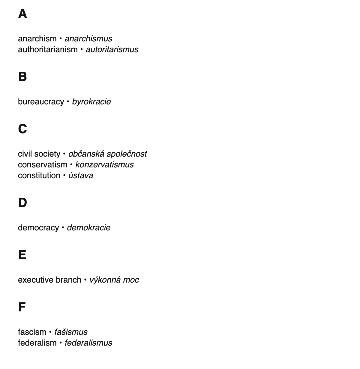 Political science terms in Czech