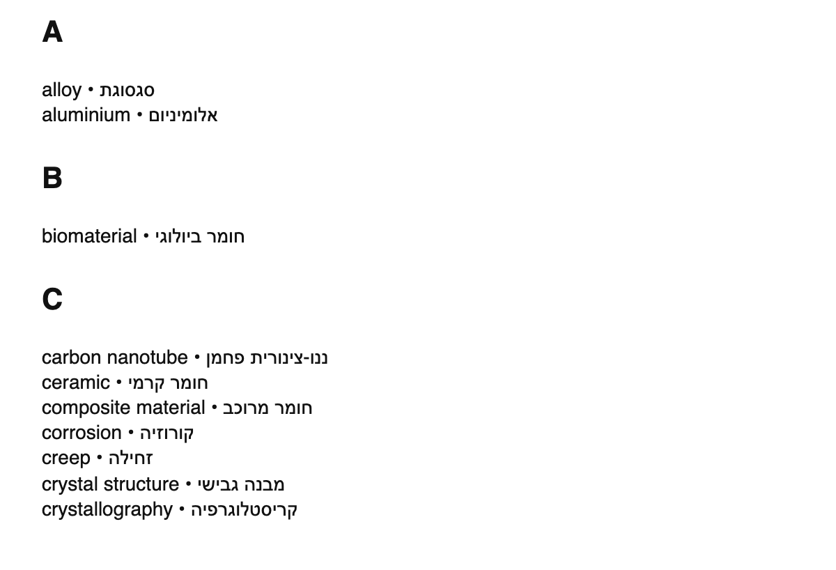 Materials science terms in Hebrew
