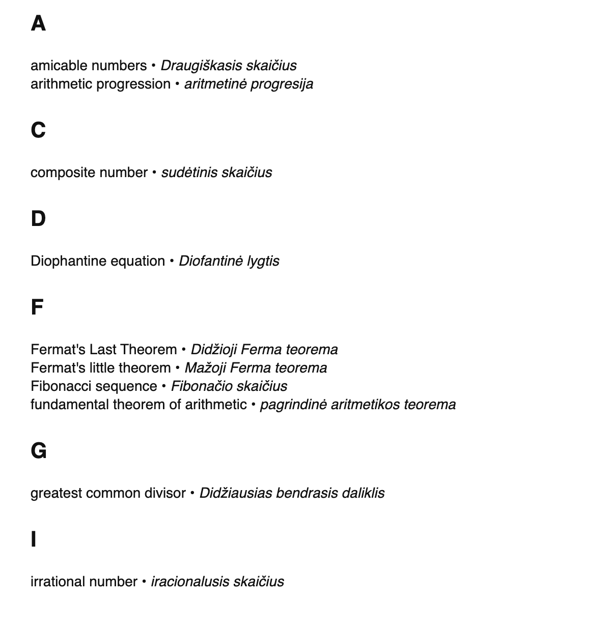 Number theory terms in Lithuanian