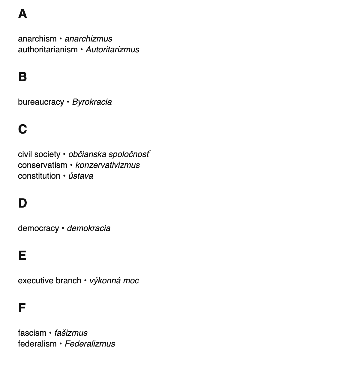 Political science terms in Slovak