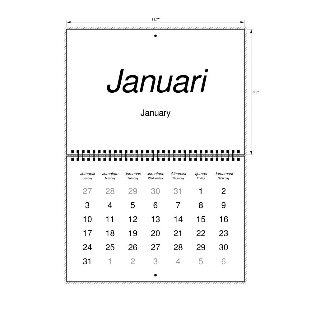Leskoff 2027 Wall Calendar, Swahili/English-Labeled, Sunday-Start Layout, Wire-Bound, 11.7 x 8.3 in (29.7 x 21.0 cm), image 2 of 2