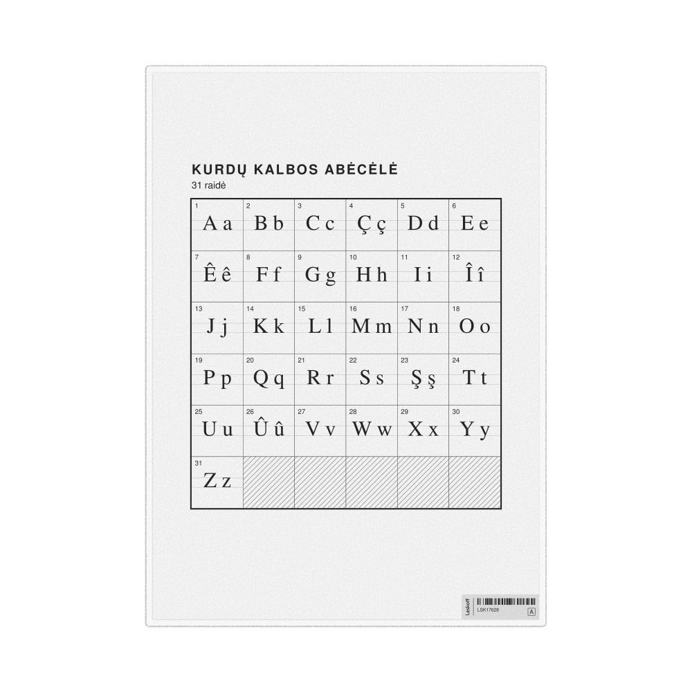 Leskoff Kurdish Alphabet Chart, 8.3 x 11.7 in (21.0 x 29.7 cm, Desk Chart, Laminated), Lithuanian-Labeled, image 1 of 2