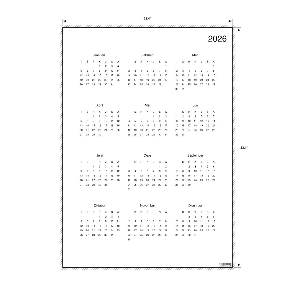 Leskoff 2026 Wall Calendar, Malay-Labeled, Monday-Start Layout, Poster / Wall Print, 23.4 x 33.1 in (59.4 x 84.1 cm), image 2 of 2