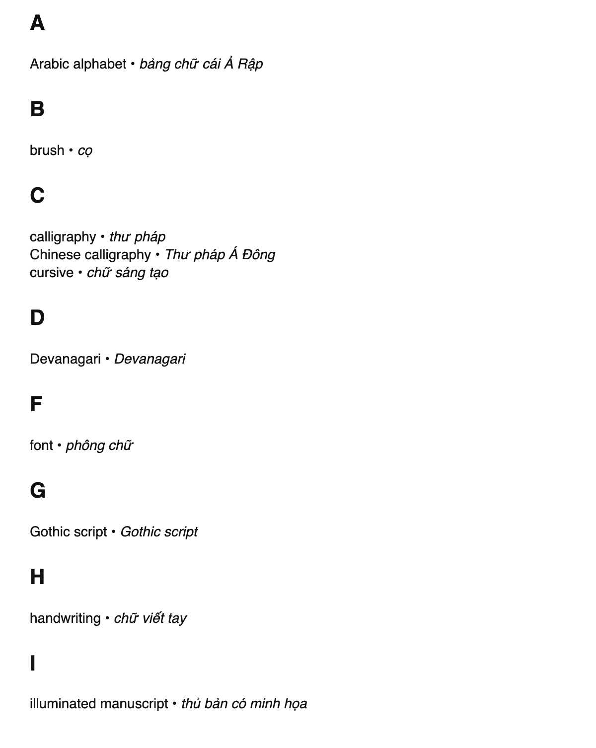 Calligraphy terms in Vietnamese