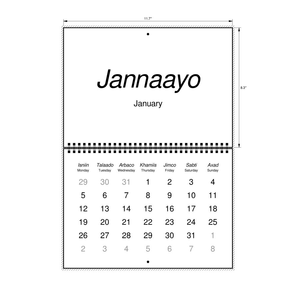 Leskoff 2026 Wall Calendar, Somali/English-Labeled, Monday-Start Layout, Wire-Bound, 11.7 x 8.3 in (29.7 x 21.0 cm), image 2 of 2