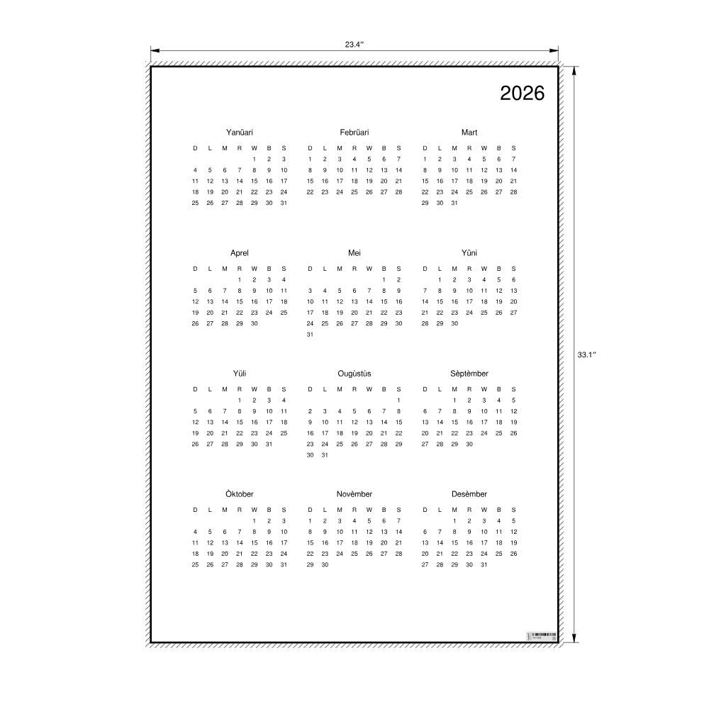 Leskoff 2026 Wall Calendar, Papiamento-Labeled, Sunday-Start Layout, Poster / Wall Print, 23.4 x 33.1 in (59.4 x 84.1 cm), image 2 of 2