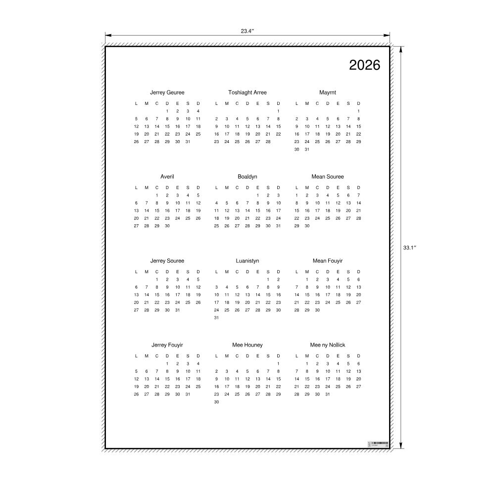 Leskoff 2026 Wall Calendar, Manx-Labeled, Monday-Start Layout, Poster / Wall Print, 23.4 x 33.1 in (59.4 x 84.1 cm), image 2 of 2