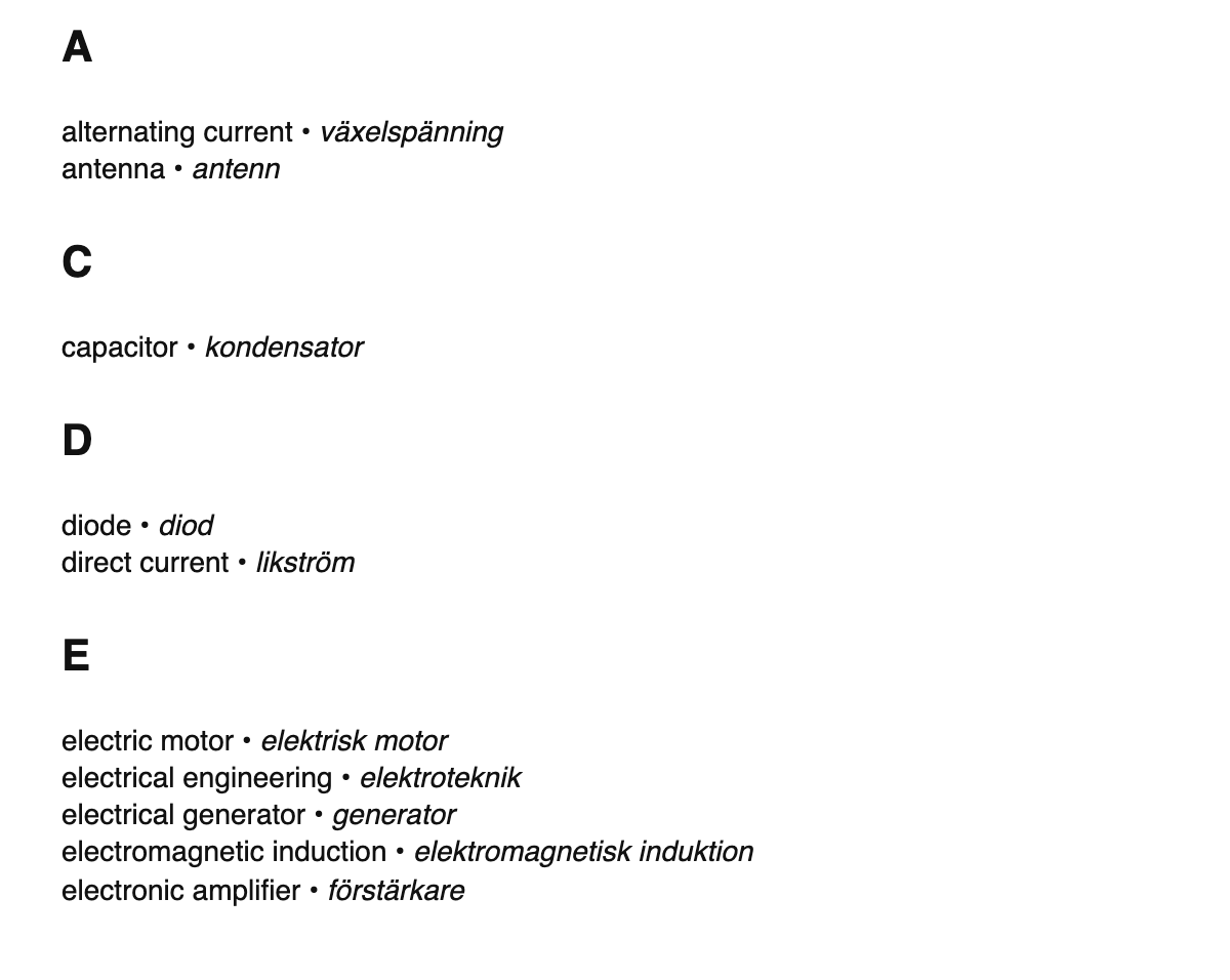 Electrical engineering terms in Swedish