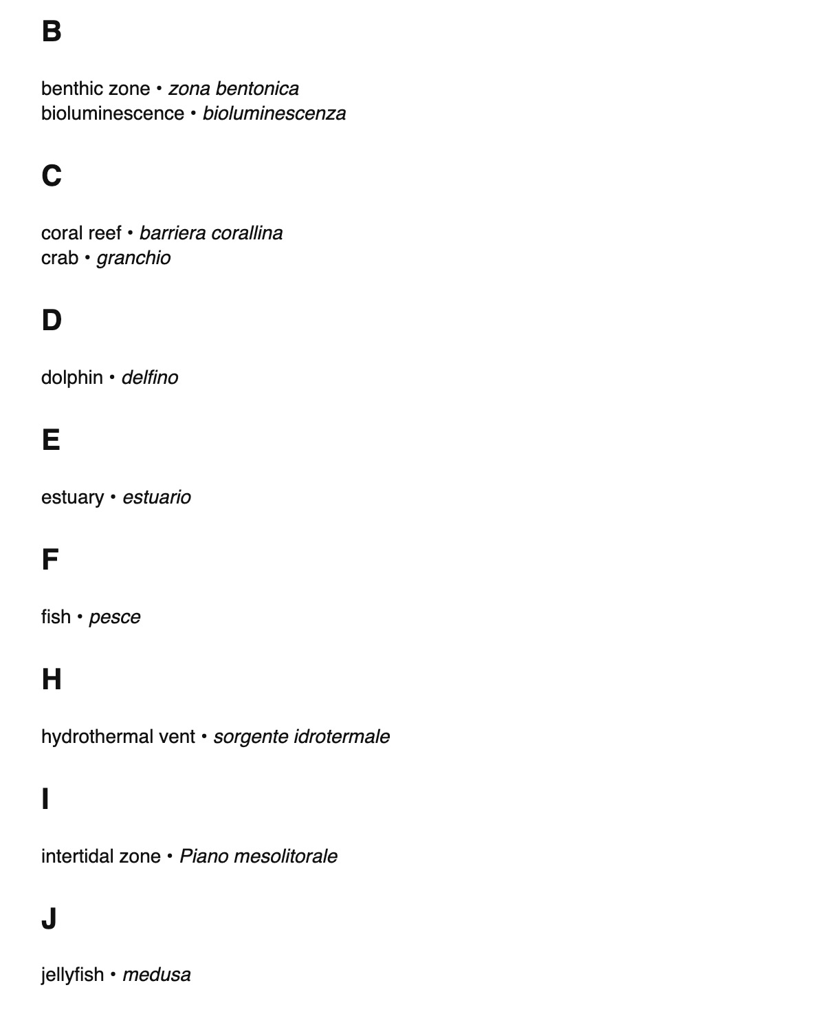 Marine biology terms in Italian