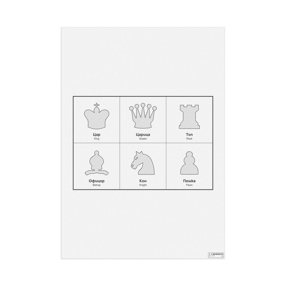 Leskoff Chess Pieces Poster, Bulgarian/English-Labeled, image 1 of 2