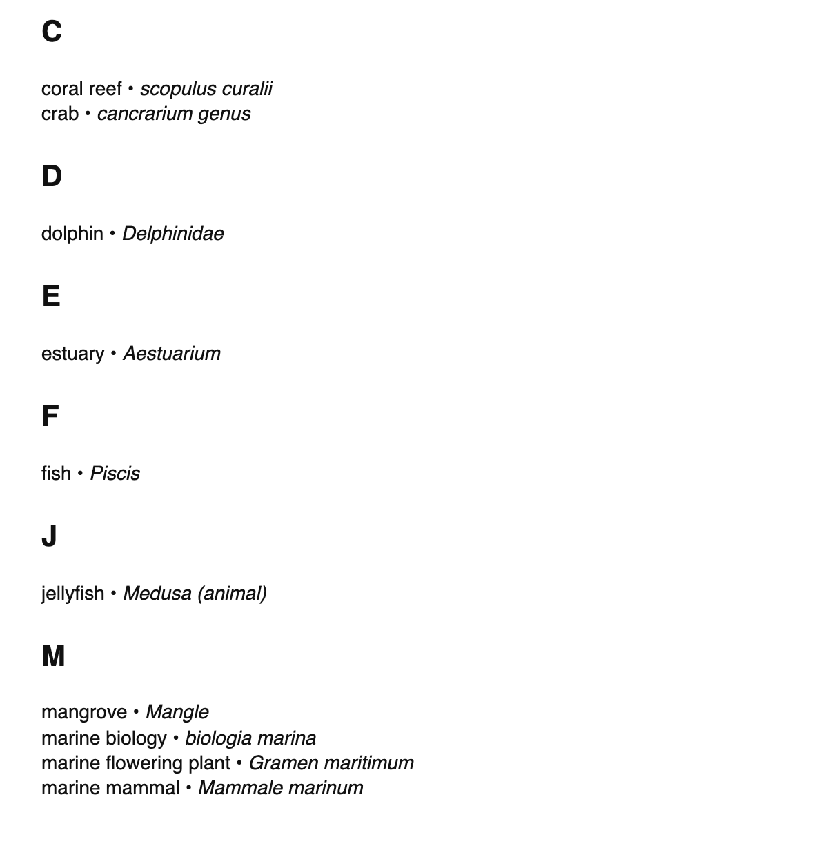 Marine biology terms in Latin