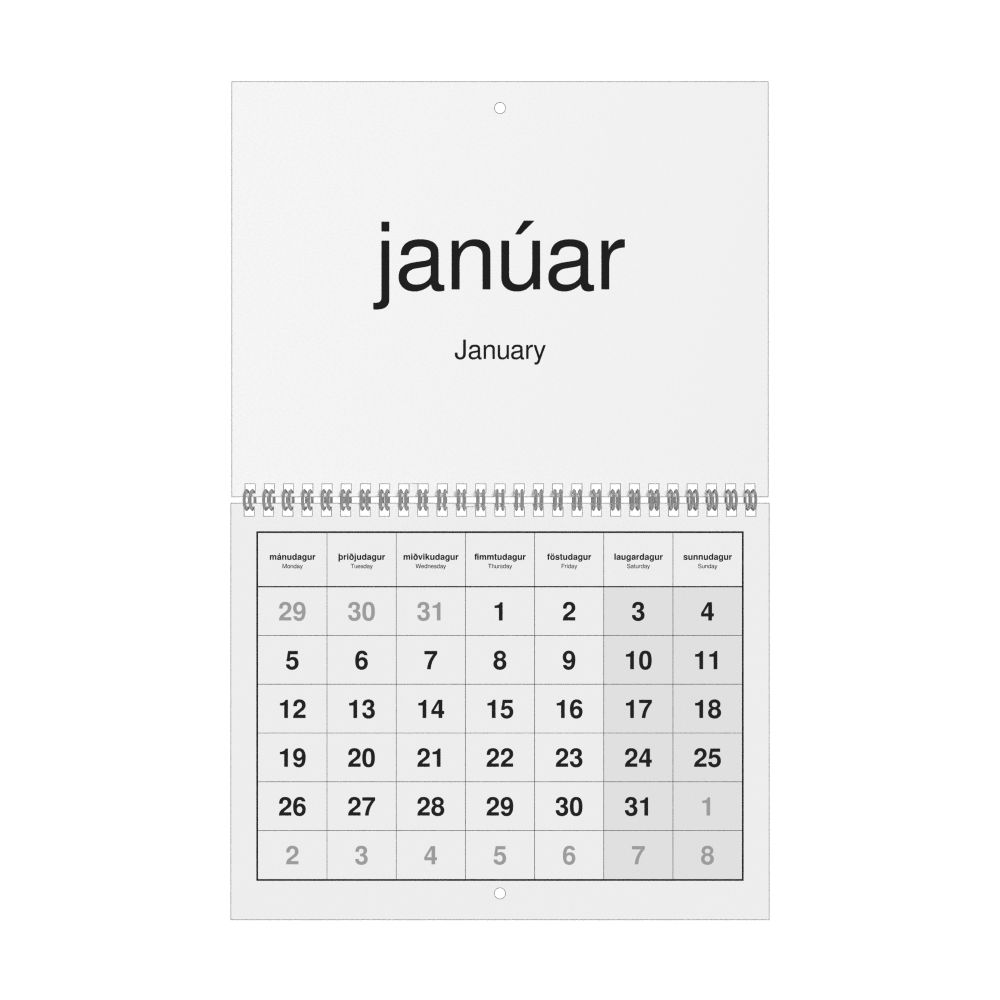Leskoff 2026 Wall Calendar, Icelandic/English-Labeled, Monday-Start Layout, Wire-Bound, 11 x 8.5 in (27.9 x 21.6 cm), image 1 of 1