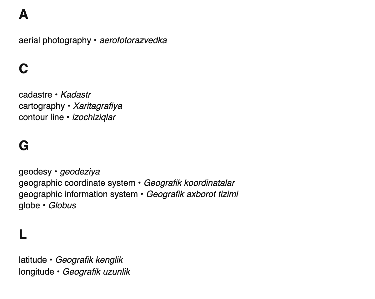 Cartography terms in Uzbek