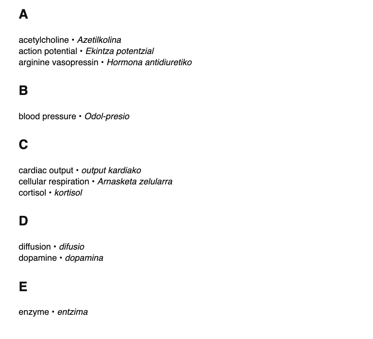 Physiology terms in Basque