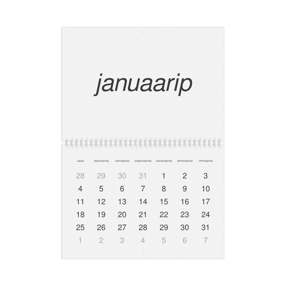 Leskoff 2026 Wall Calendar, Greenlandic-Labeled, Sunday-Start Layout, Wire-Bound, 11.7 x 8.3 in (29.7 x 21.0 cm), image 1 of 1