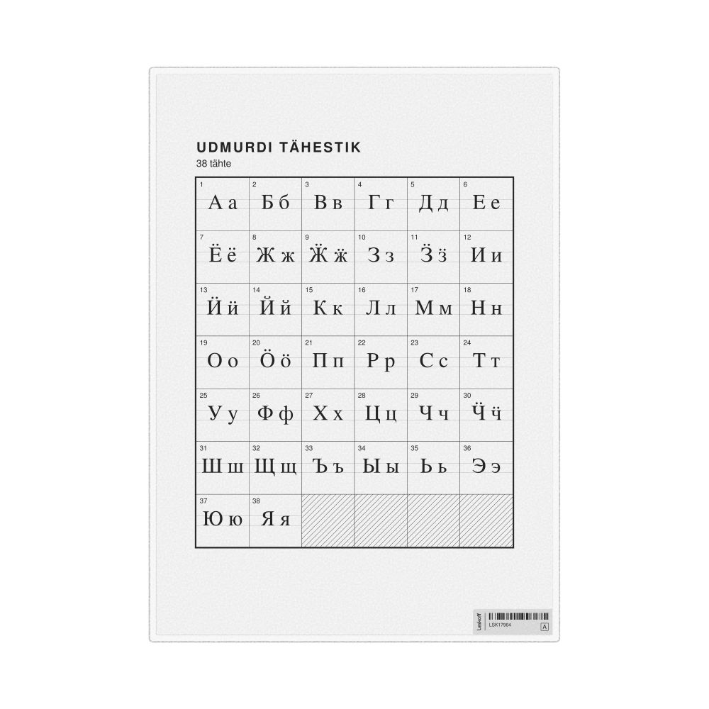 Leskoff Udmurt Alphabet Chart, 8.3 x 11.7 in (21.0 x 29.7 cm, Desk Chart, Laminated), Estonian-Labeled, image 1 of 2