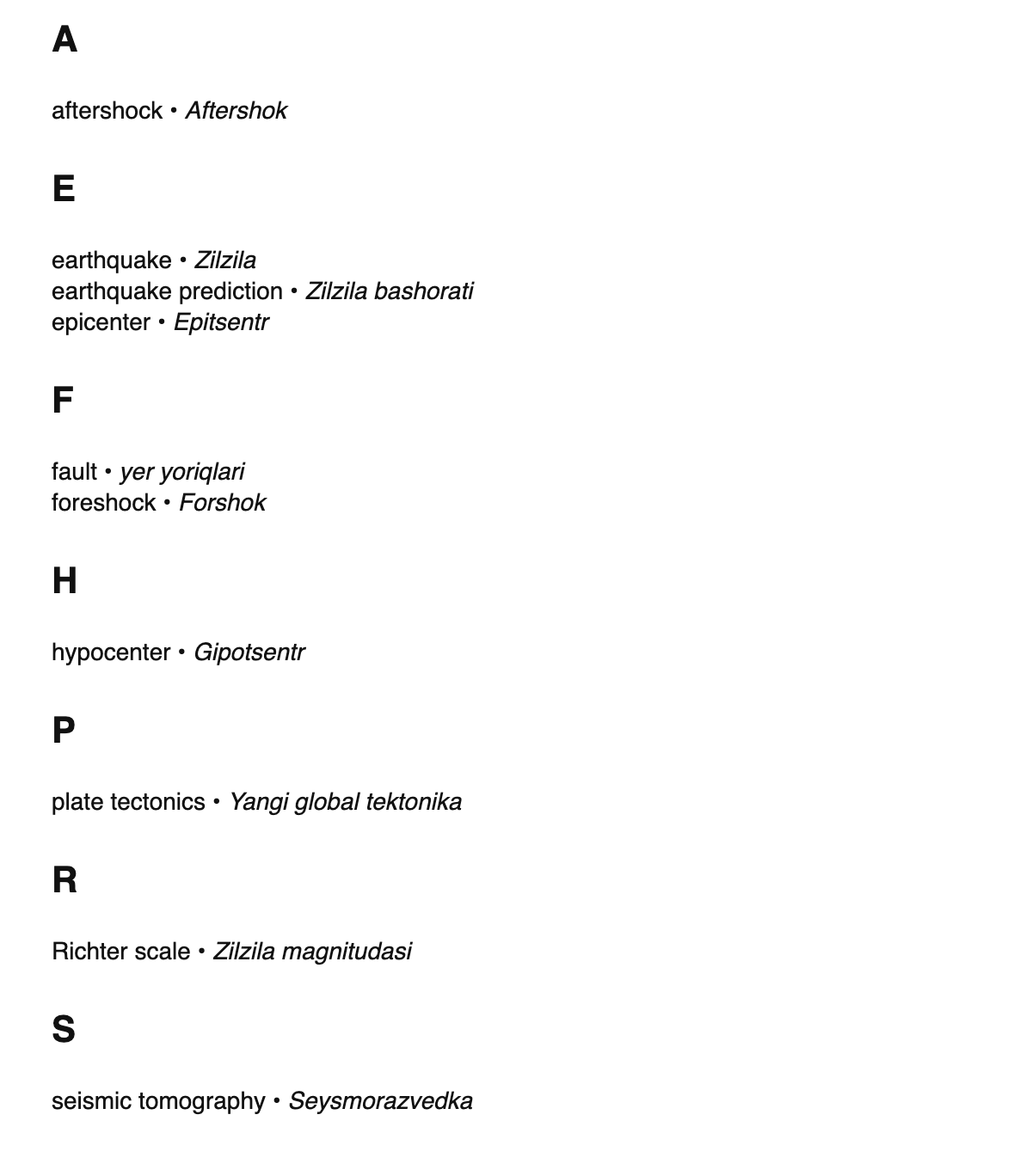 Seismology terms in Uzbek