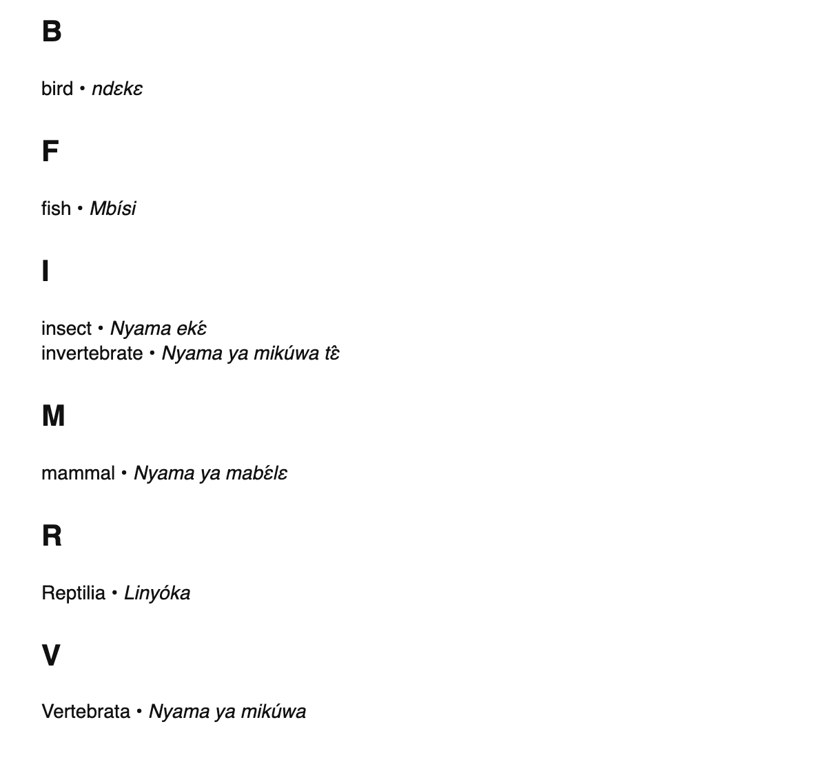 Zoology terms in Lingala