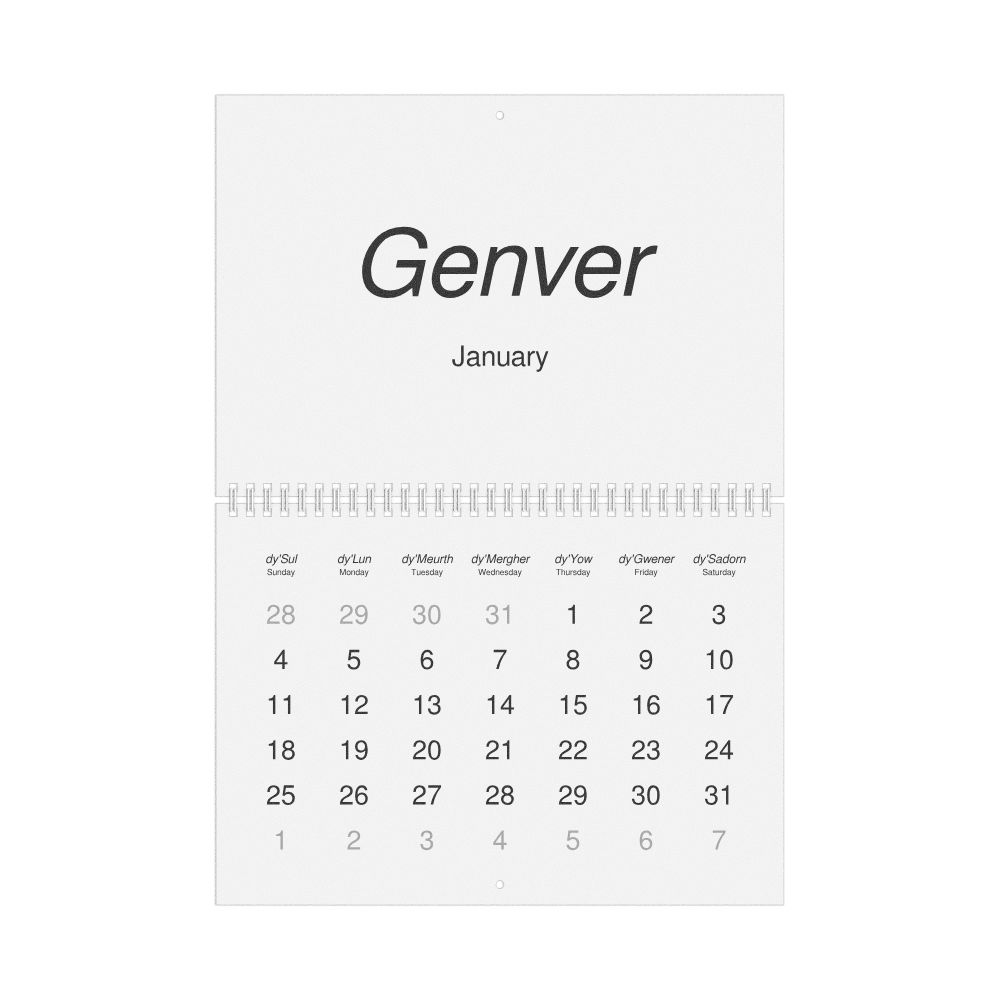 Leskoff 2026 Wall Calendar, Cornish/English-Labeled, Sunday-Start Layout, Wire-Bound, 11.7 x 8.3 in (29.7 x 21.0 cm), image 1 of 1